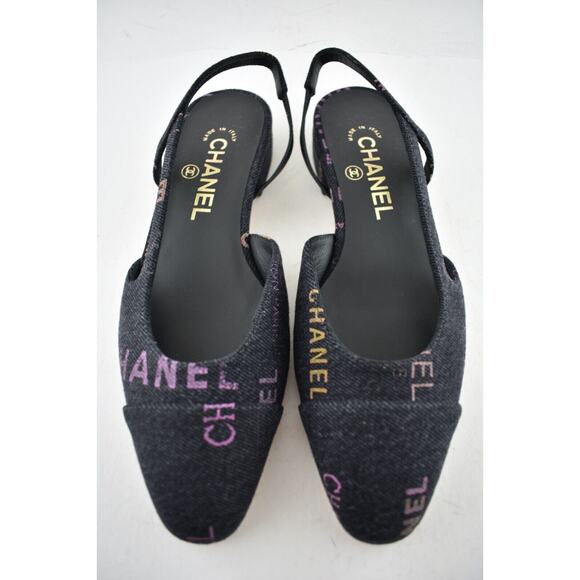 Chanel 22P Mademoiselle Coco Sling Black Grey Denim Slingback Ballet Flat 37 - Picture 6 of 12